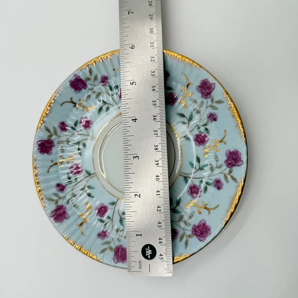 Vintage Japan Lusterware Tea Cup Saucer Set Purple Rose Gold Gilt Footed Blue
